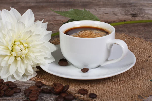 En kopp svart kaffe och vit dahlia blomma på bordet — Stockfoto