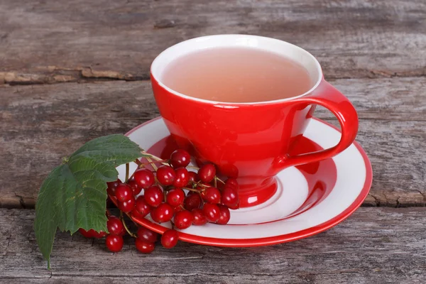 Tea with red viburnum berries on old wooden — Stock Photo, Image