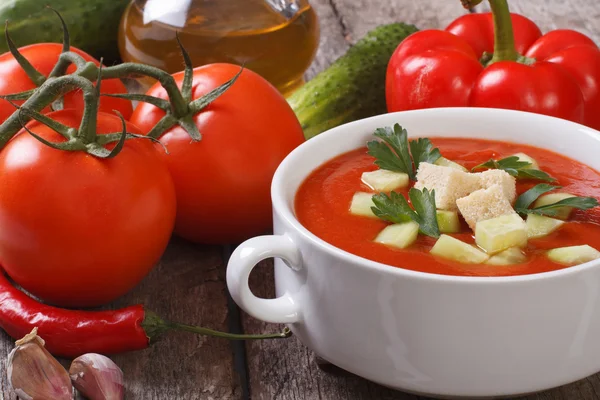 Świeży pomidor gazpacho zupa z warzyw i oleje na stole — Zdjęcie stockowe