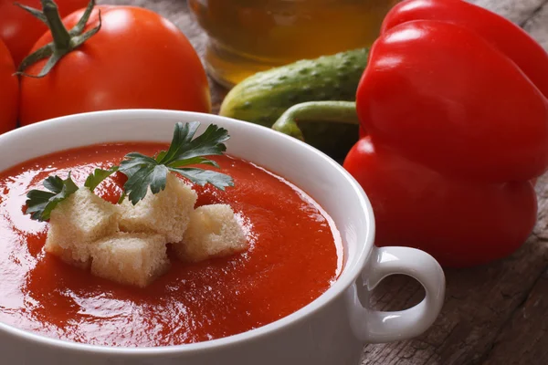 Sopa de tomate gaspacho com croutons de perto — Fotografia de Stock