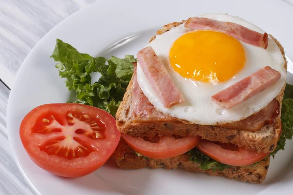 Σάντουιτς με ένα τηγανητό αυγό, μπέικον και ντομάτες — Φωτογραφία Αρχείου
