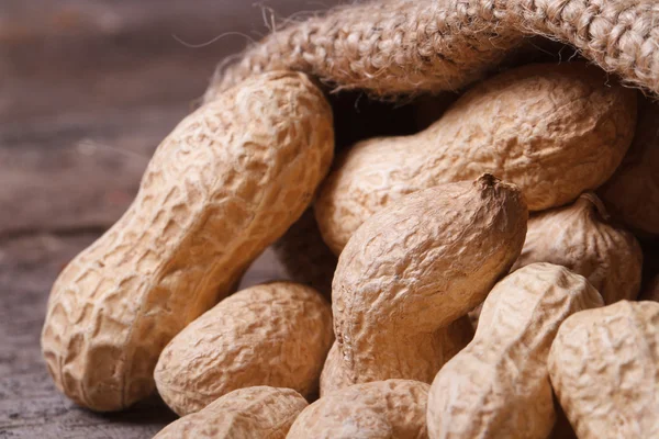Whole peanuts in the shell in a sack. Macro — Stock Photo, Image