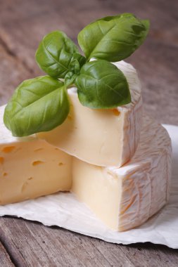 Brie peyniri Fesleğenli yeşil eski ahşap masa üzerinde