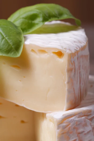 Macro brie cheese on old wooden table with green basil — Stock Photo, Image