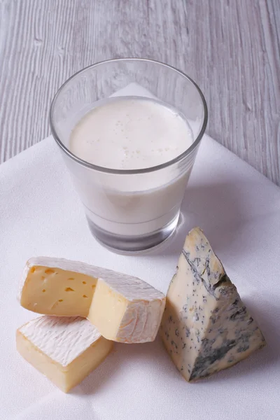 Set of dairy brie, blue cheese and milk close-up — Stock Photo, Image