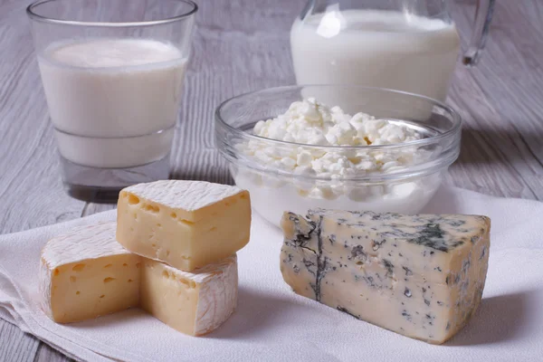 Brie, blue cheese, cottage cheese and milk on the table closeup — Stock Photo, Image
