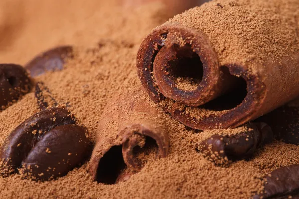 Ground and roasted coffee beans and cinnamon — Stock Photo, Image