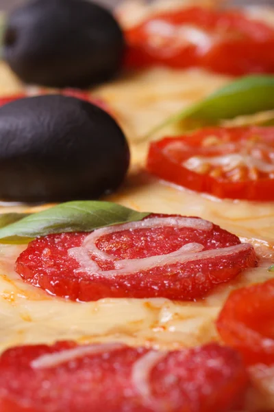 Pizza con salame, pomodoro, olive e basilico verticale. Macro — Foto Stock