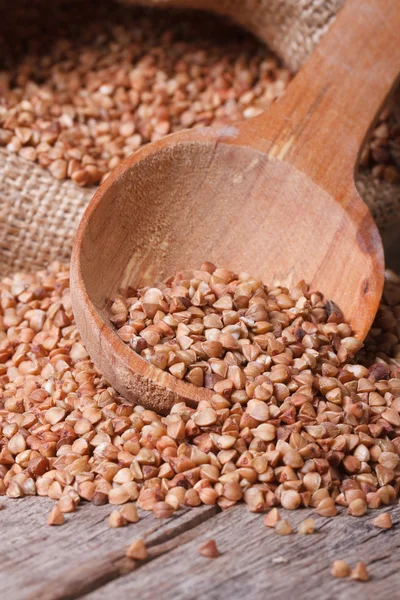 Buchweizen-Grütze und Holzlöffel-Makro. vertikal — Stockfoto