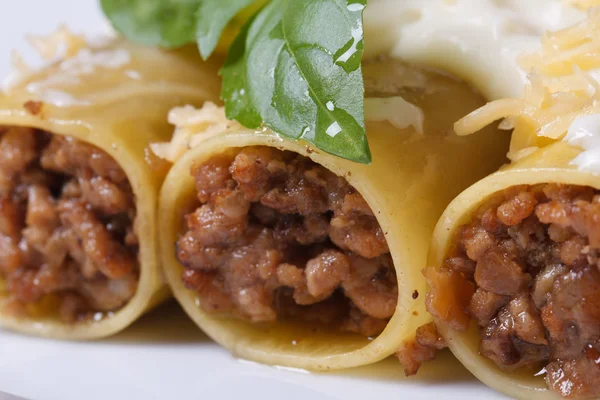 Cannelloni와 고기, 볘 샤 멜 소스, 치즈와 바 질 매크로 — 스톡 사진