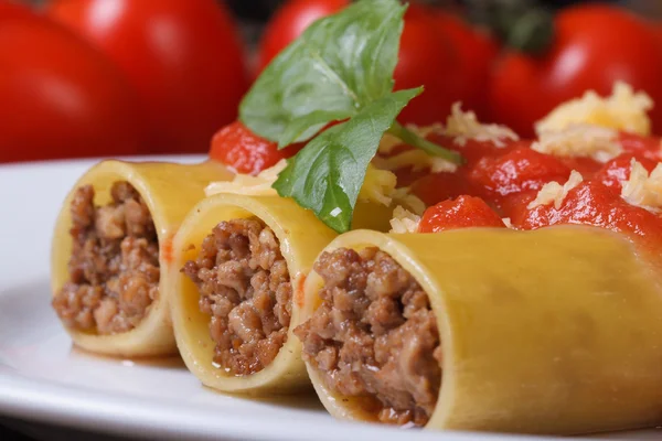 Italian cannelloni pasta with meat, tomato sauce and basil — Stock Photo, Image