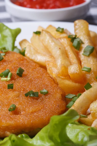 French fries and schnitzel with tomato sauce macro — Stock Photo, Image