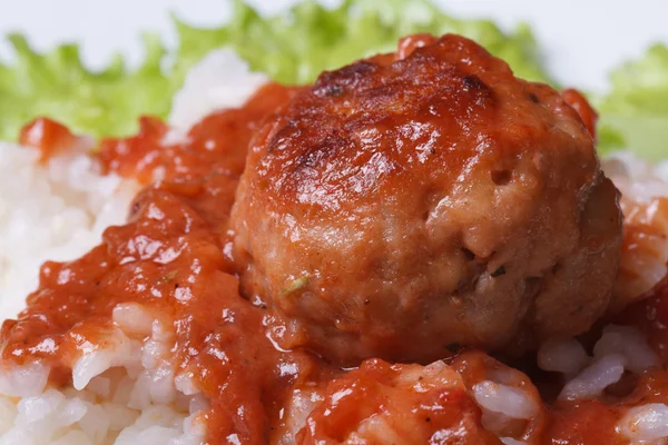Almôndega com arroz e molho de tomate macro — Fotografia de Stock