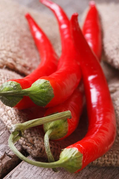 Red chili pepper on a burlap macro. vertical. — Stock Photo, Image