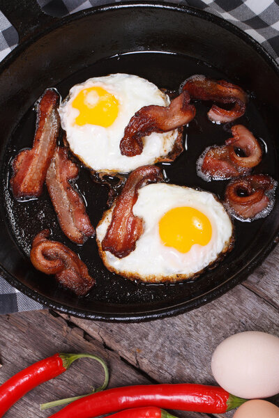 жареные яйца с беконом в кастрюле вертикально
