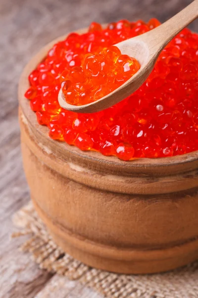 Red salmon caviar in a wooden spoon and a barrel — Stock Photo, Image