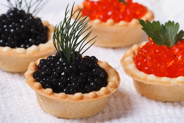 Cuatro tartaletas con caviar de pescado rojo y negro horizontal . — Foto de Stock