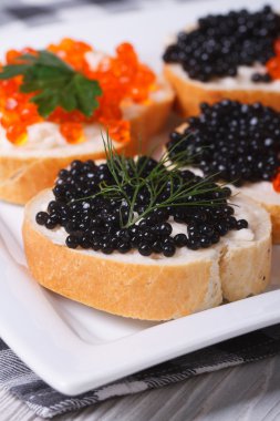 siyah ve kırmızı havyar closeup sandviç. dikey 