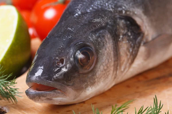 Peixe-robalo cru com legumes vista frontal close-up — Fotografia de Stock