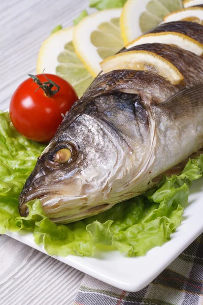 Grilled sea bass with lemon, lettuce vertical macro — Stock Photo, Image