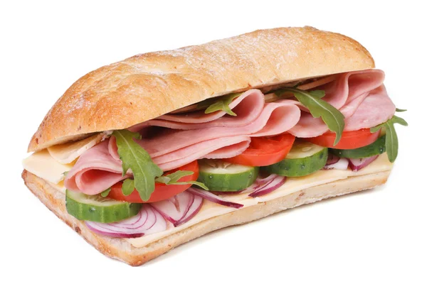 Ciabatta sandwich with ham, fresh vegetables isolated — Stock Photo, Image