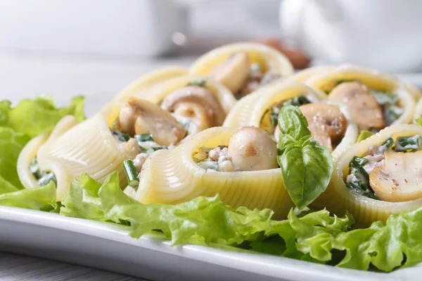Lumakoni macaroni stuffed mushrooms, spinach and cheese closeup — Stock Photo, Image
