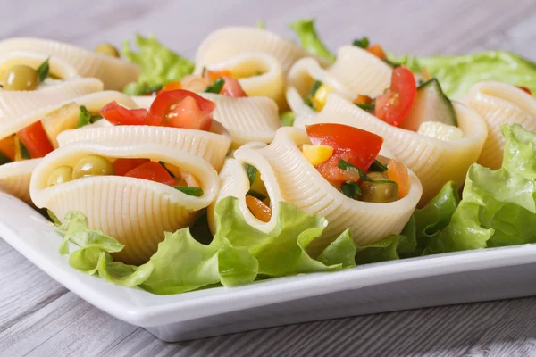 Italian pasta lumakoni stuffed salad of fresh vegetables closeup — Stock Photo, Image