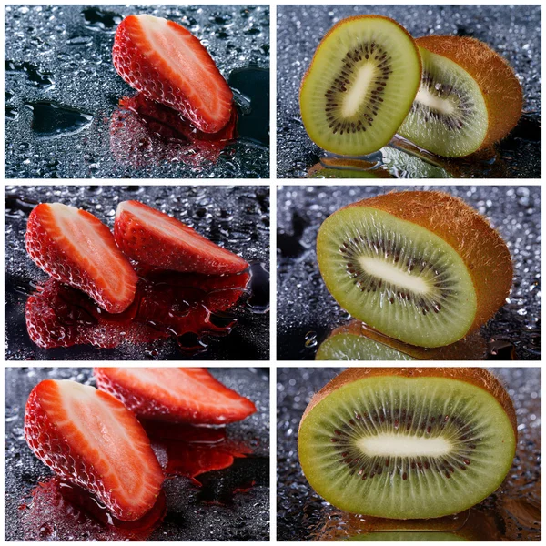 Set of photo of strawberries and kiwi with water — Stock Photo, Image