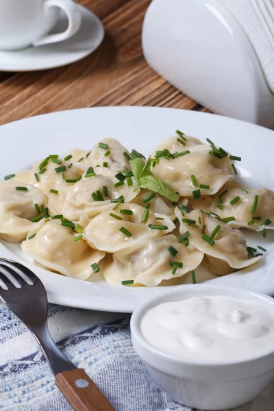 Deliziosi gnocchi con panna acida e germogli — Foto Stock