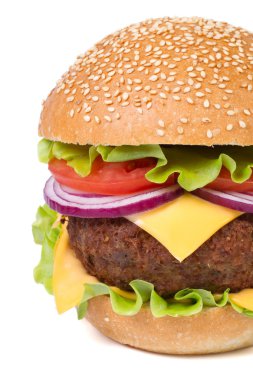hamburger eti, peynir ve sebzeler üzerinde beyaz izole