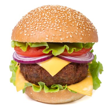  hamburger eti, peynir, beyaz izole domates ile