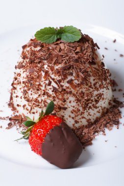 Panna cotta ve çikolata çilek. dikey. Üstten Görünüm