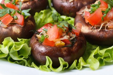 pişmiş portobello doldurulmuş mantar makro marul üzerinde