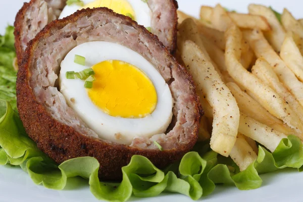 By scotch egg and fried potatoes macro — Stock Photo, Image