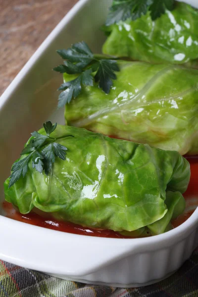 Stuffed Cabbage rolls with meat, rice macro vertical — Stock Photo, Image