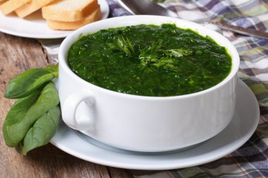 masaya yakın croutons taze ıspanak çorbası.