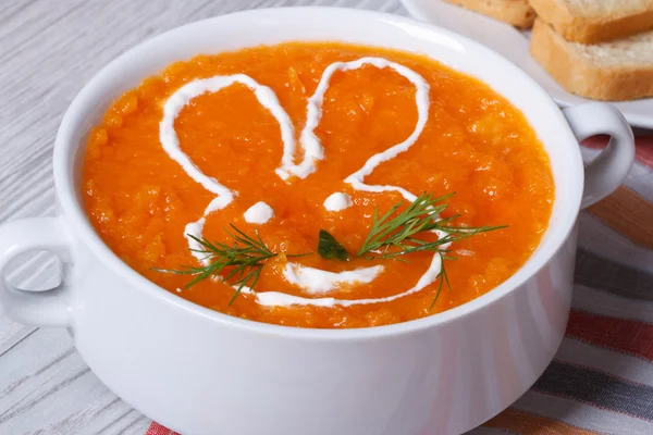 Karottencremesuppe für Kinder mit Hasen in Nahaufnahme — Stockfoto