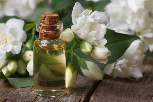 Flasche duftende Jasminessenz Nahaufnahme und Blumen — Stockfoto