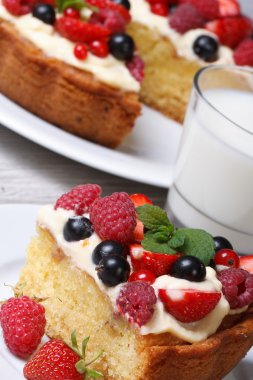 kawałek tortu jagody, maliny, truskawki i mięty