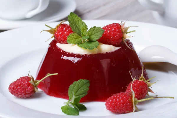 Delicate dessert raspberry jelly with mint and cream — Stock Photo, Image