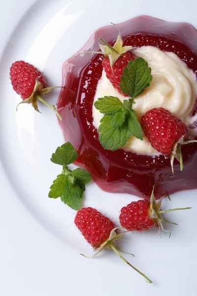 Tasty dessert raspberry jelly with mint vertical top view — Stock Photo, Image