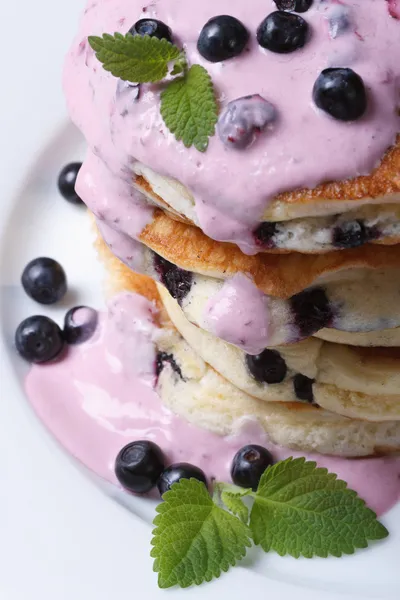 Blueberry Pancake with berry sauce vertical macro — Stock Photo, Image