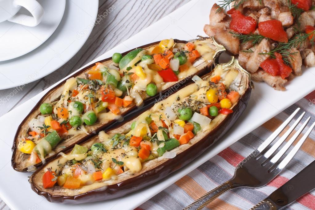 Eggplant stuffed with vegetables and grilled meat top view