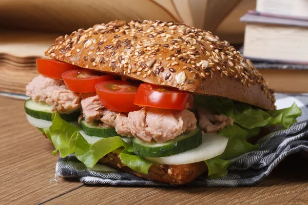 Almoço escolar: um sanduíche com atum e legumes horizontais — Fotografia de Stock
