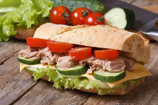 Tonijn sandwich met groenten op achtergrond van ingrediënten. — Stockfoto