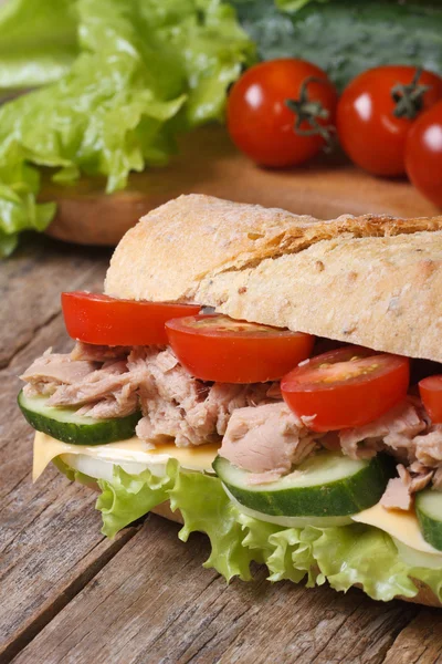 Sandwich with tuna and vegetables on background of ingredients — Stock Photo, Image