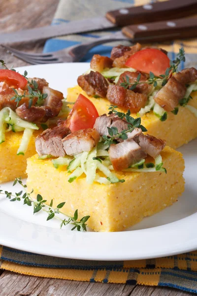 Cut into pieces of polenta with meat and vegetables — Stock Photo, Image