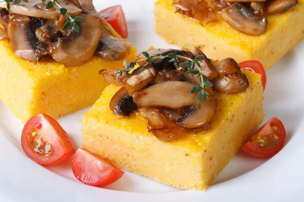 Polenta with mushrooms and thyme on a white plate. — Stock Photo, Image