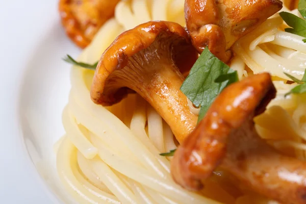 Spaghetti with mushrooms and parsley on a plate macro — Stock Photo, Image