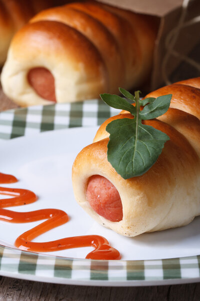 Roll with sausage on a plate with tomato sauce vertical